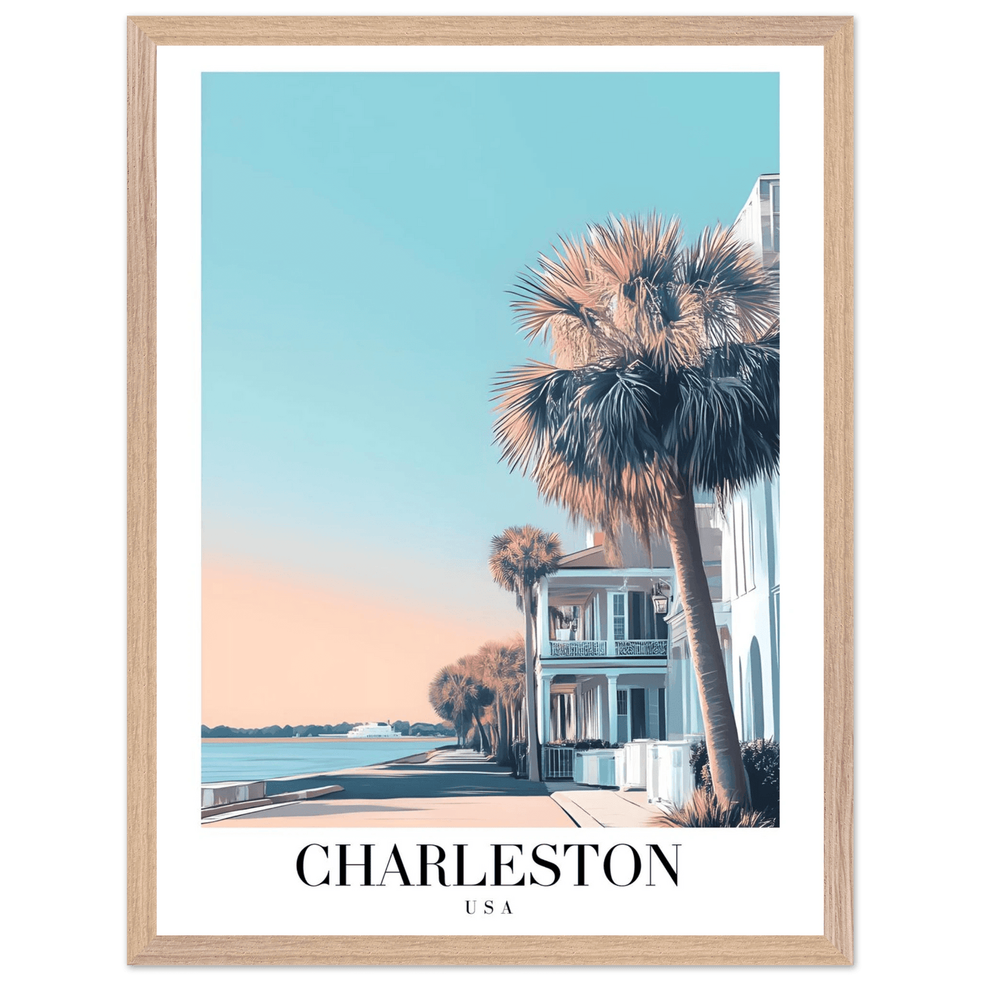 Charleston USA Framed Poster – Coastal Vintage Wall Art with Wooden Frame and Serene Sunset Hues - Vibrantwalls