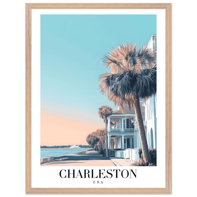 Charleston USA Framed Poster – Coastal Vintage Wall Art with Wooden Frame and Serene Sunset Hues - Vibrantwalls