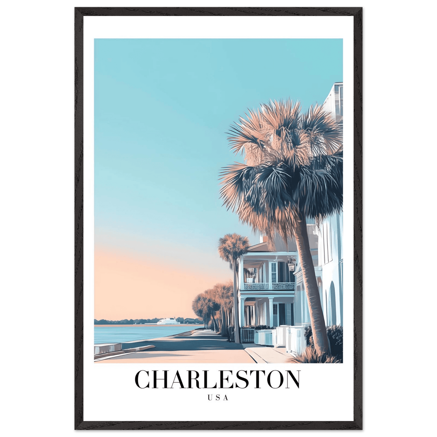 Charleston USA Framed Poster – Coastal Vintage Wall Art with Wooden Frame and Serene Sunset Hues - Vibrantwalls