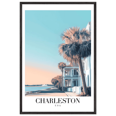 Charleston USA Framed Poster – Coastal Vintage Wall Art with Wooden Frame and Serene Sunset Hues - Vibrantwalls