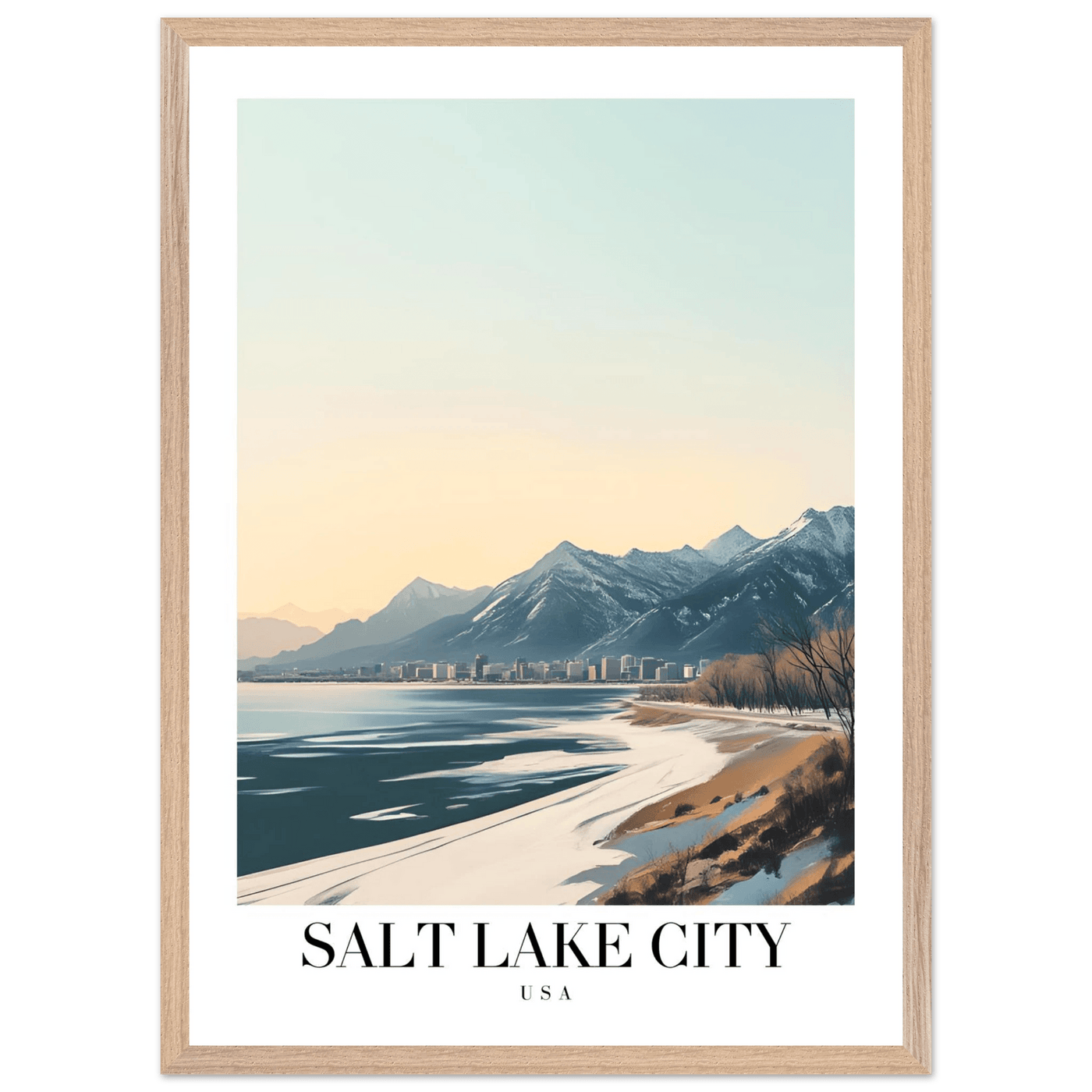 Salt Lake City Framed Poster – Modern Winter Landscape Art with Wood Frame - Vibrantwalls