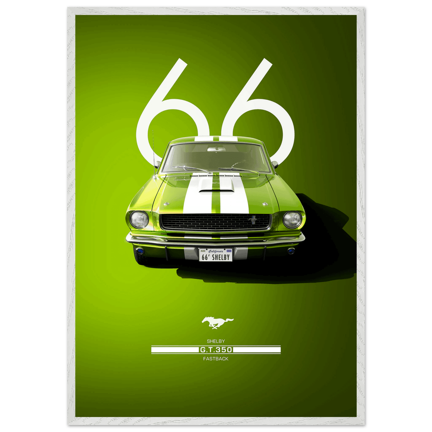 1966 Shelby GT350 Fastback Poster - Iconic Green & White Racing Stripes | Premium Framed Art, Ready-to-Hang - Vibrantwalls