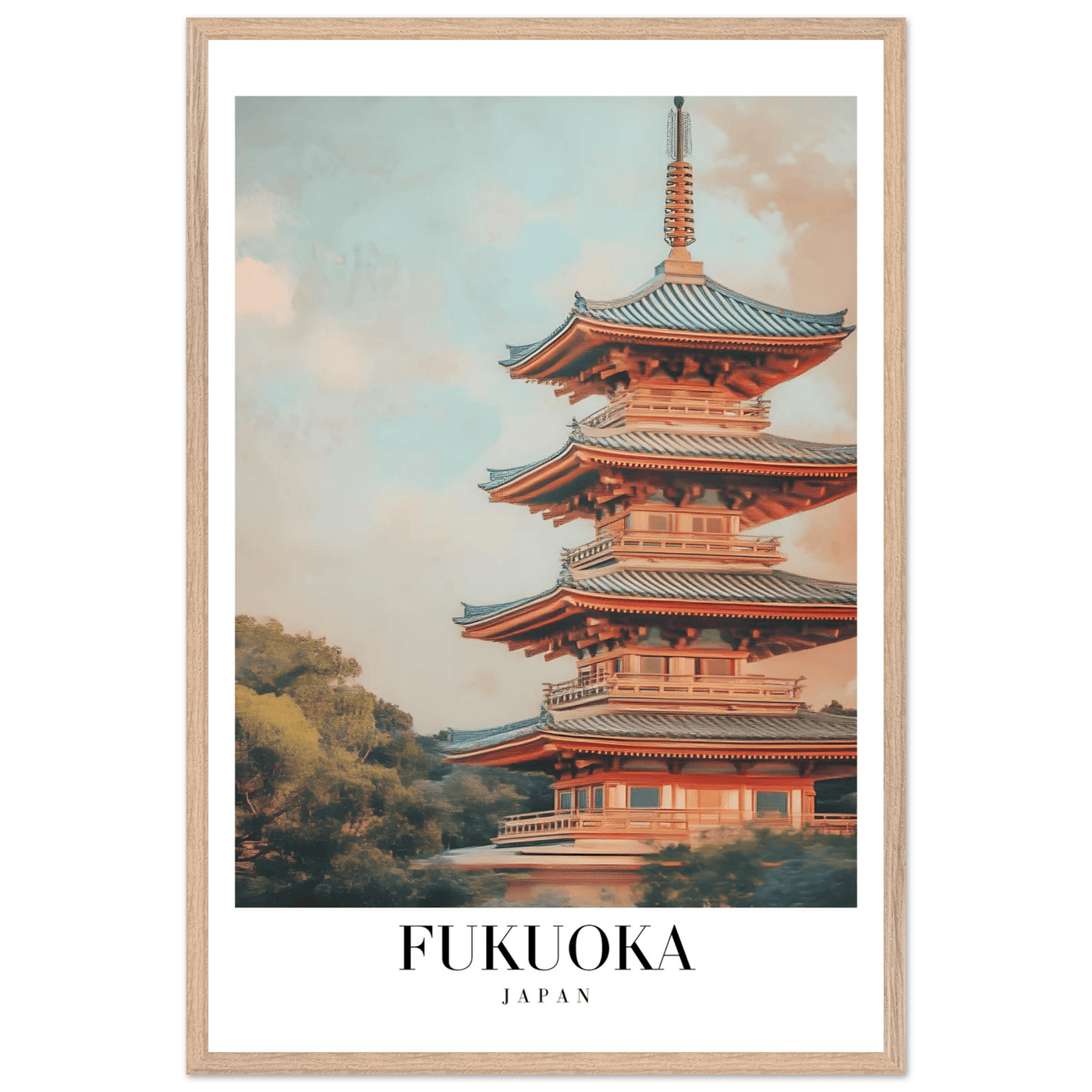 Fukuoka Japan Vintage Pagoda Framed Poster – Serene Travel Wall Art with Wooden Frame - Vibrantwalls