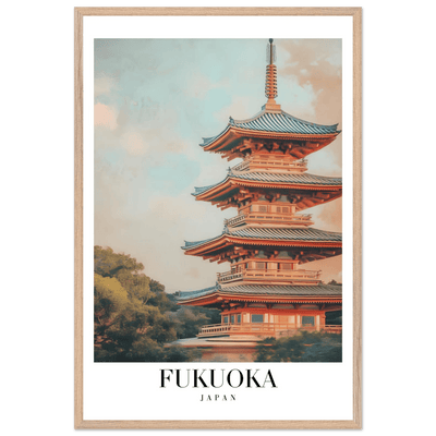 Fukuoka Japan Vintage Pagoda Framed Poster – Serene Travel Wall Art with Wooden Frame - Vibrantwalls