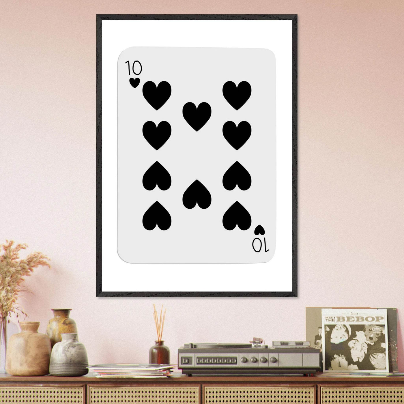 Minimalist Ten of Hearts Poker Card Print - Mounted Framed Eco-Friendly Wall Art for Game Rooms & Modern Decor - Vibrantwalls