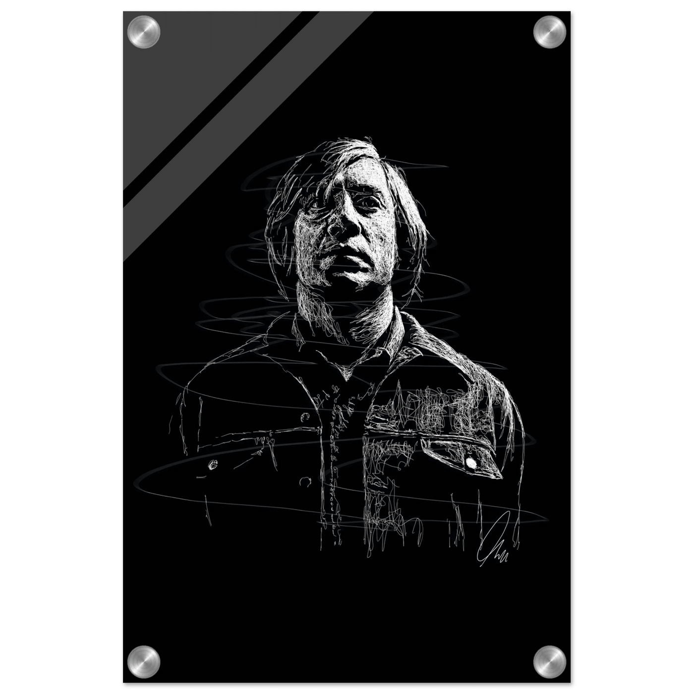 Javier Bardem in No Country for Old Men – Iconic Scrawl Art Acrylic Print - Vibrantwalls