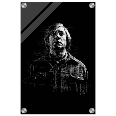 Javier Bardem in No Country for Old Men – Iconic Scrawl Art Acrylic Print - Vibrantwalls