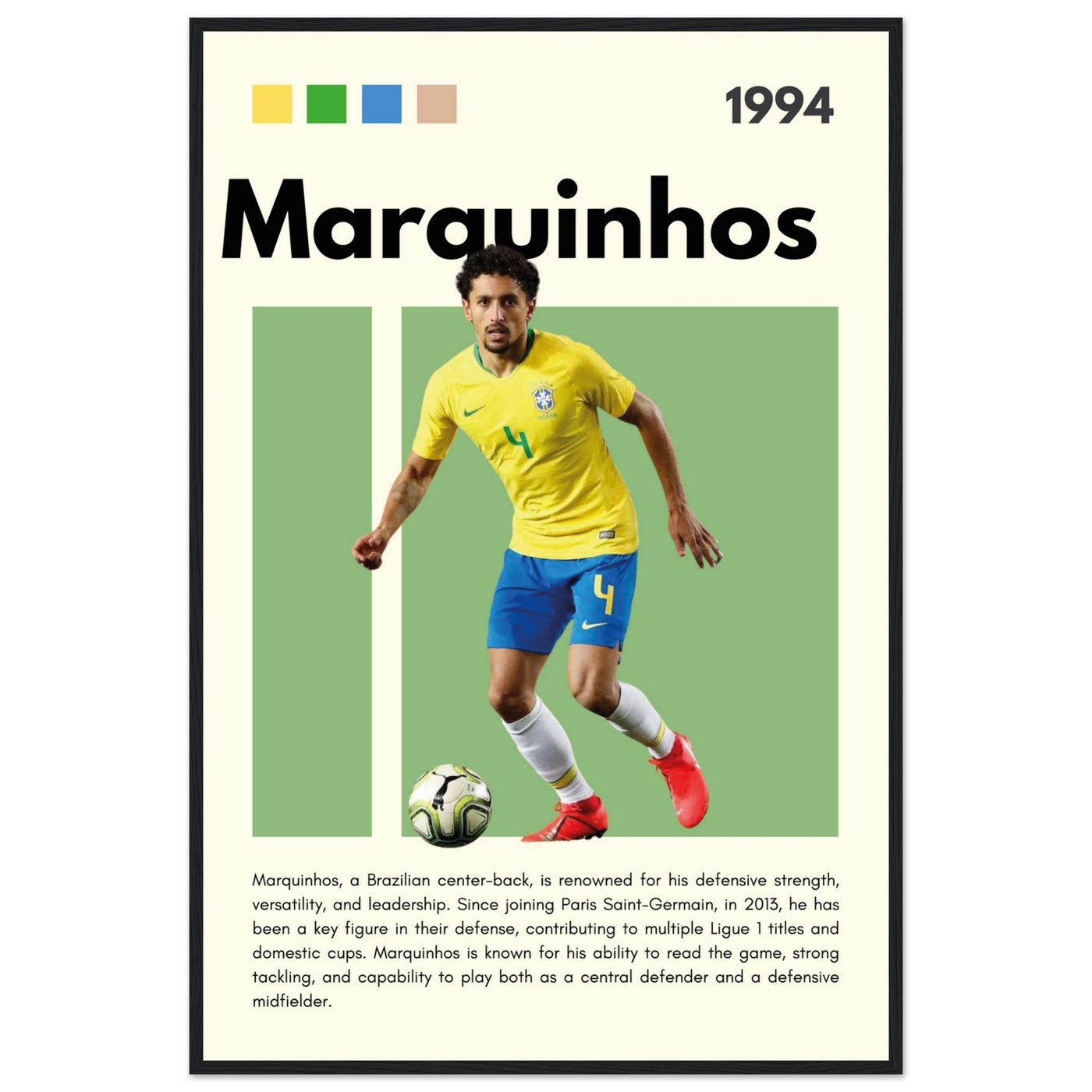 Marquinhos Brazil Football Framed Poster – Iconic Soccer Art Print for Fans 60x90 cm 24x36″ Black frame Vibrantwalls