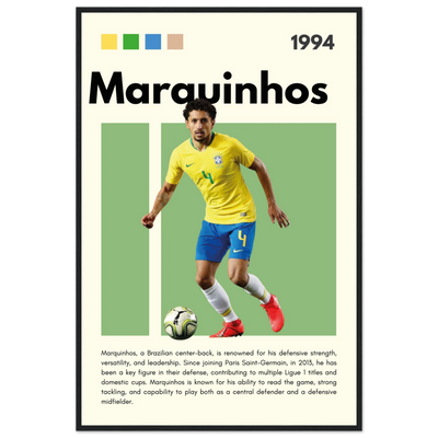 Marquinhos Brazil Football Framed Poster – Iconic Soccer Art Print for Fans 60x90 cm 24x36″ Black frame Vibrantwalls