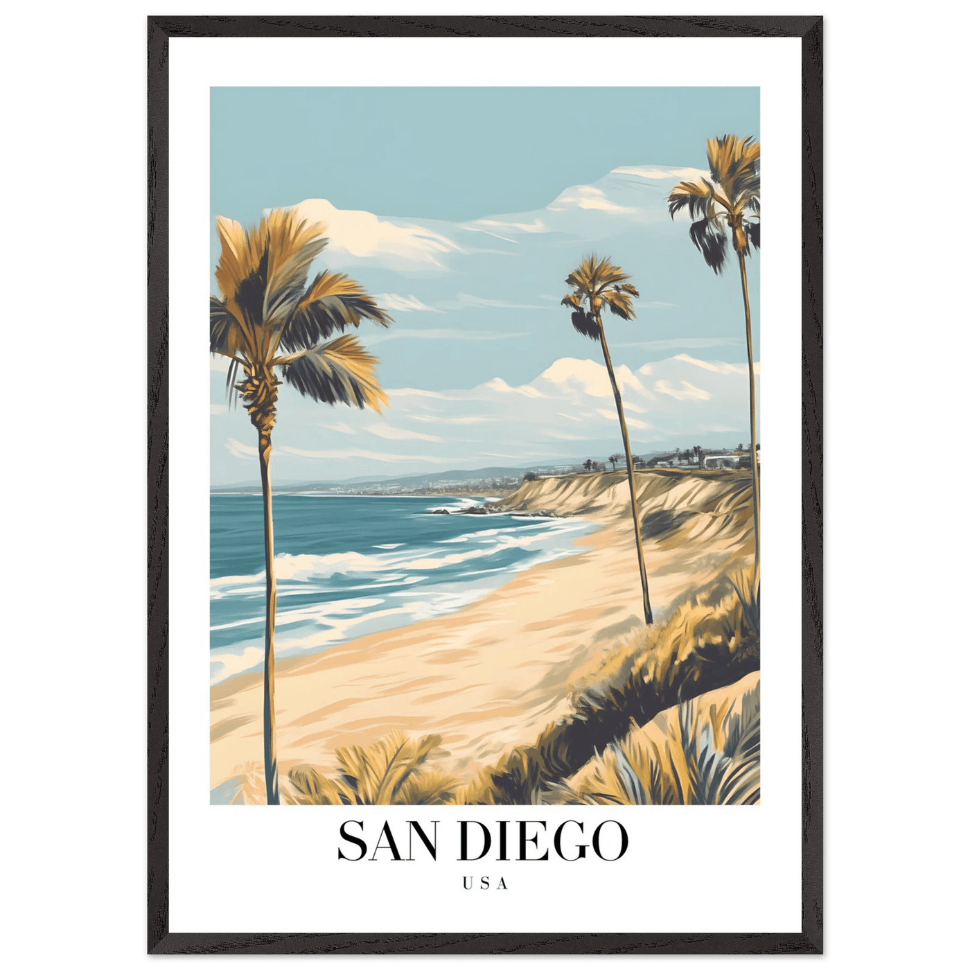 San Diego USA Framed Poster – Vintage Beach Travel Wall Art with Wooden Frame in Your Choice of Size and Finish - Vibrantwalls