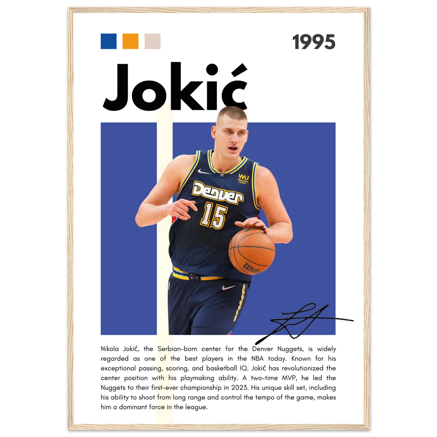 Nikola Jokic Joker Nuggets Minimalist Art Print A1 (59.4 x 84.1 cm) Wood frame Vibrantwalls