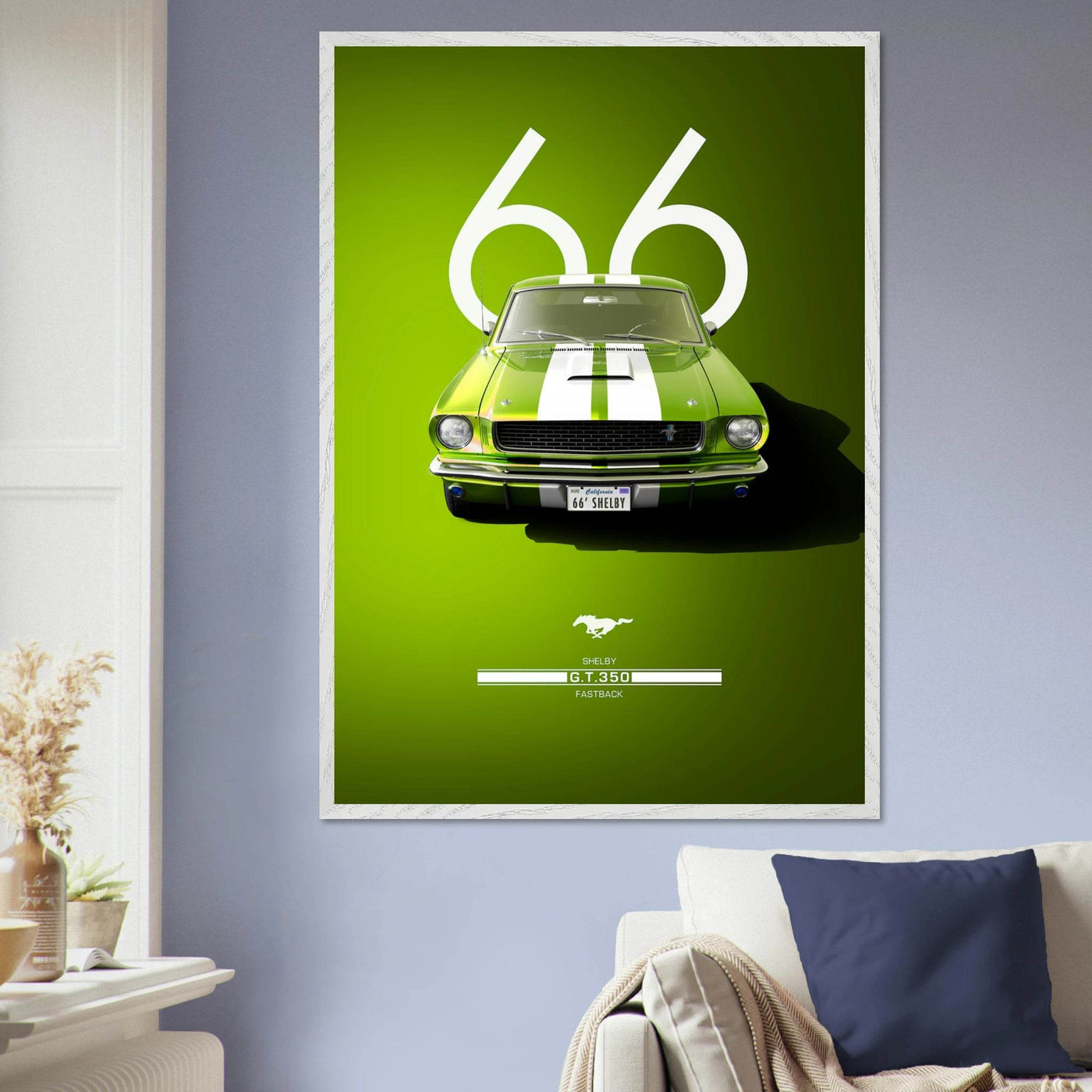 1966 Shelby GT350 Fastback Poster - Iconic Green & White Racing Stripes | Premium Framed Art, Ready-to-Hang - Vibrantwalls