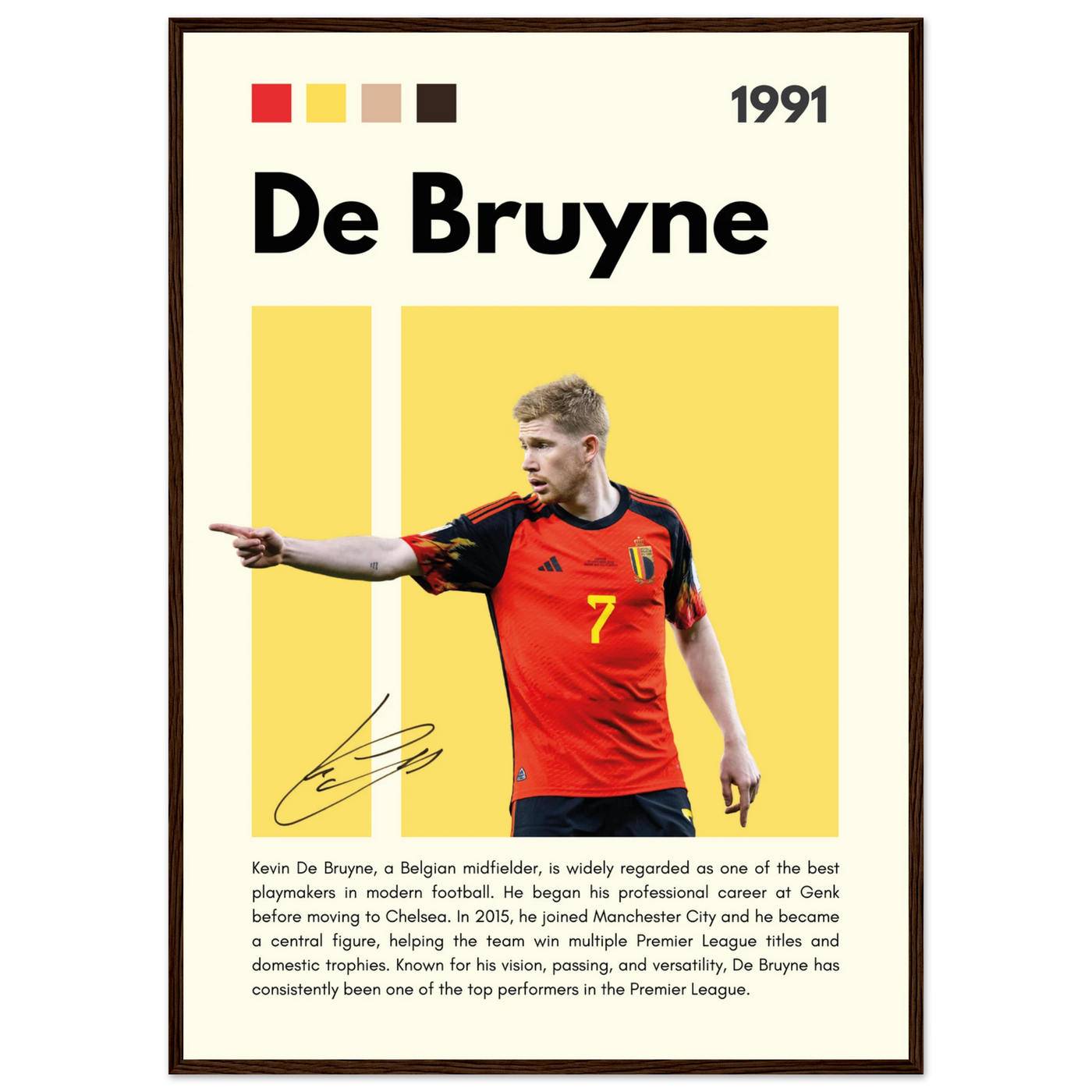 Kevin De Bruyne Football Legend Framed Poster – Vibrant Pop Art Print for Modern Fans A1 (59.4 x 84.1 cm) Dark wood frame Vibrantwalls