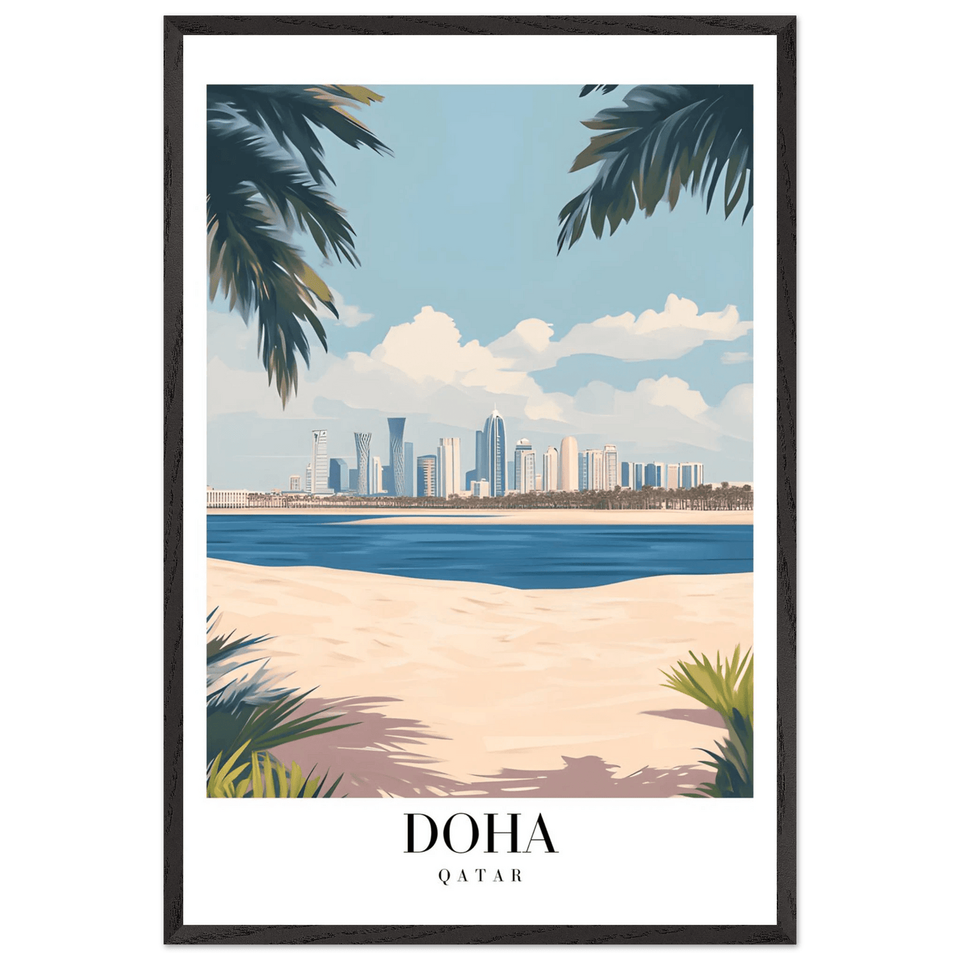 Doha Qatar Skyline Framed Poster – Modern Travel Wall Art with Palm Beach Vibes - Vibrantwalls