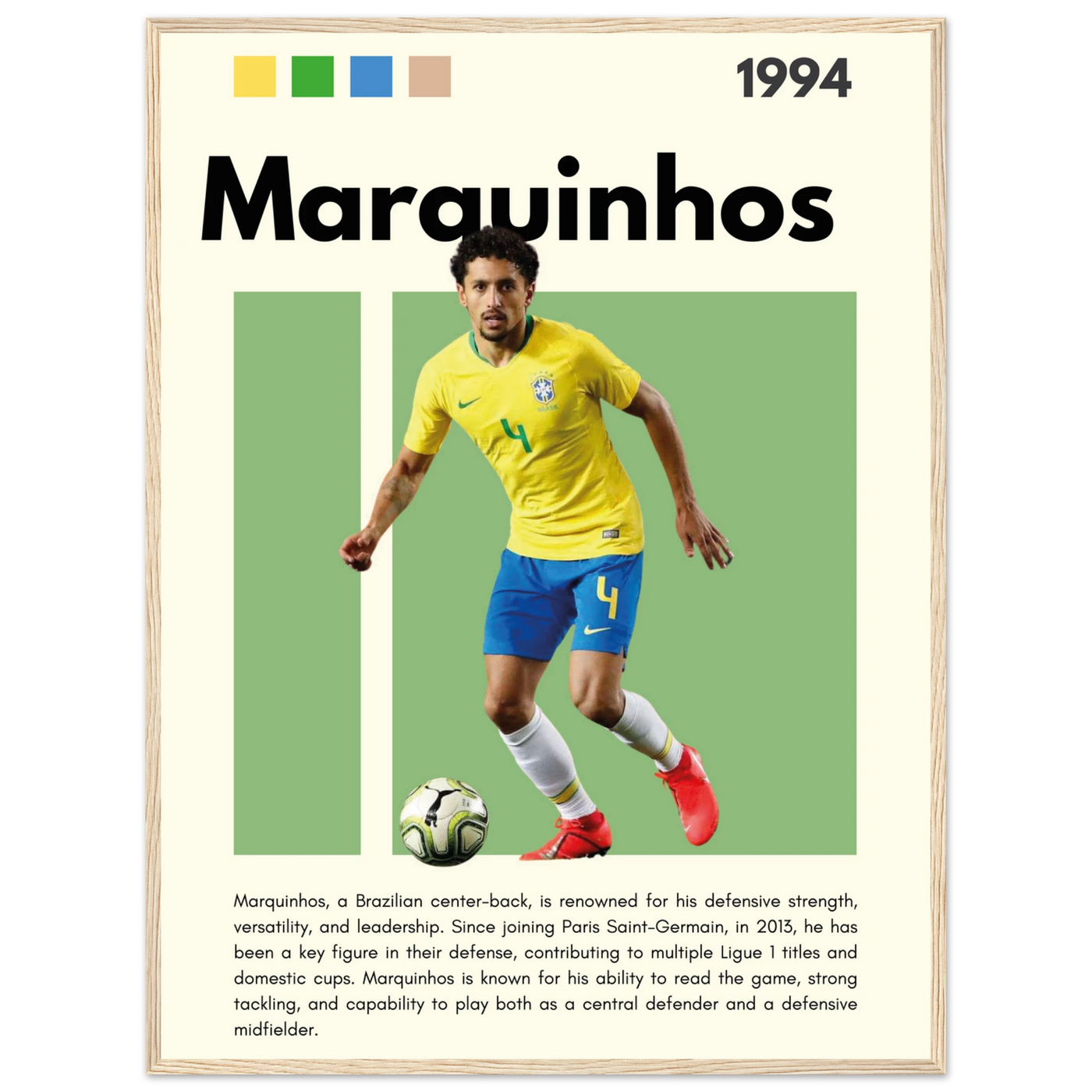 Marquinhos Brazil Football Framed Poster – Iconic Soccer Art Print for Fans 60x80 cm 24x32″ Wood frame Vibrantwalls