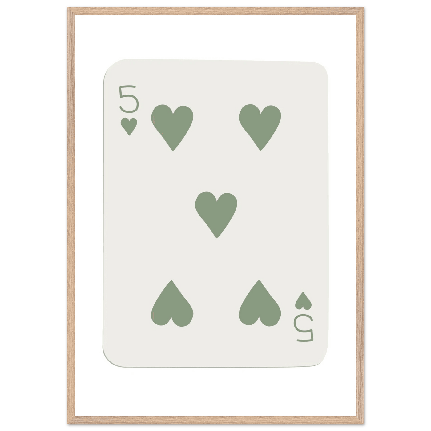 Five of Hearts Poker Card Print - Sage Green Aesthetic Framed Art, Eco-Friendly Wood Frame in Multiple Sizes - Vibrantwalls