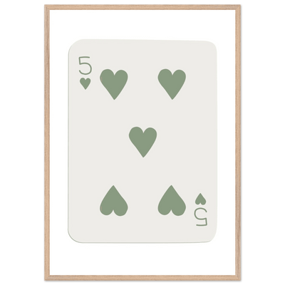 Five of Hearts Poker Card Print - Sage Green Aesthetic Framed Art, Eco-Friendly Wood Frame in Multiple Sizes - Vibrantwalls