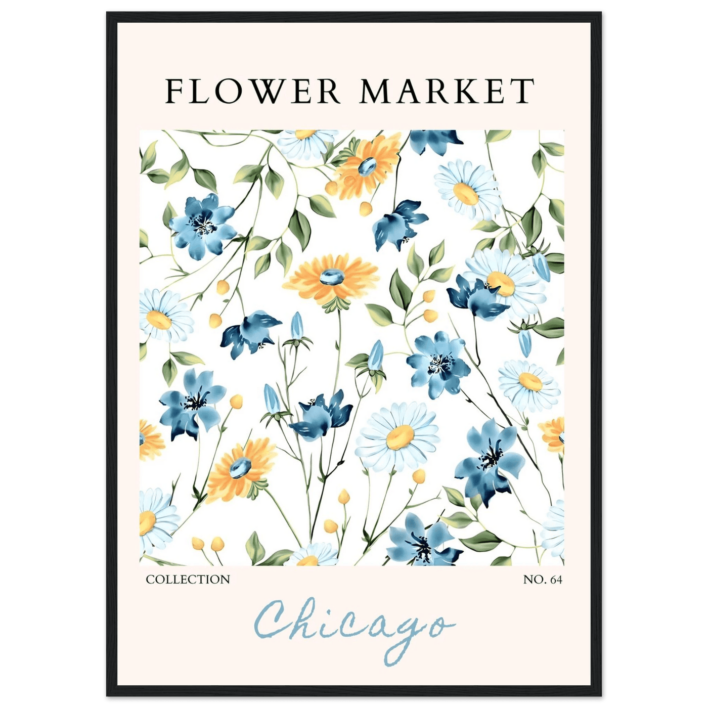 Flower Market Chicago Collection Framed Poster – Whimsical Blue & Yellow Floral Art Print | Ready-to-Hang - Vibrantwalls