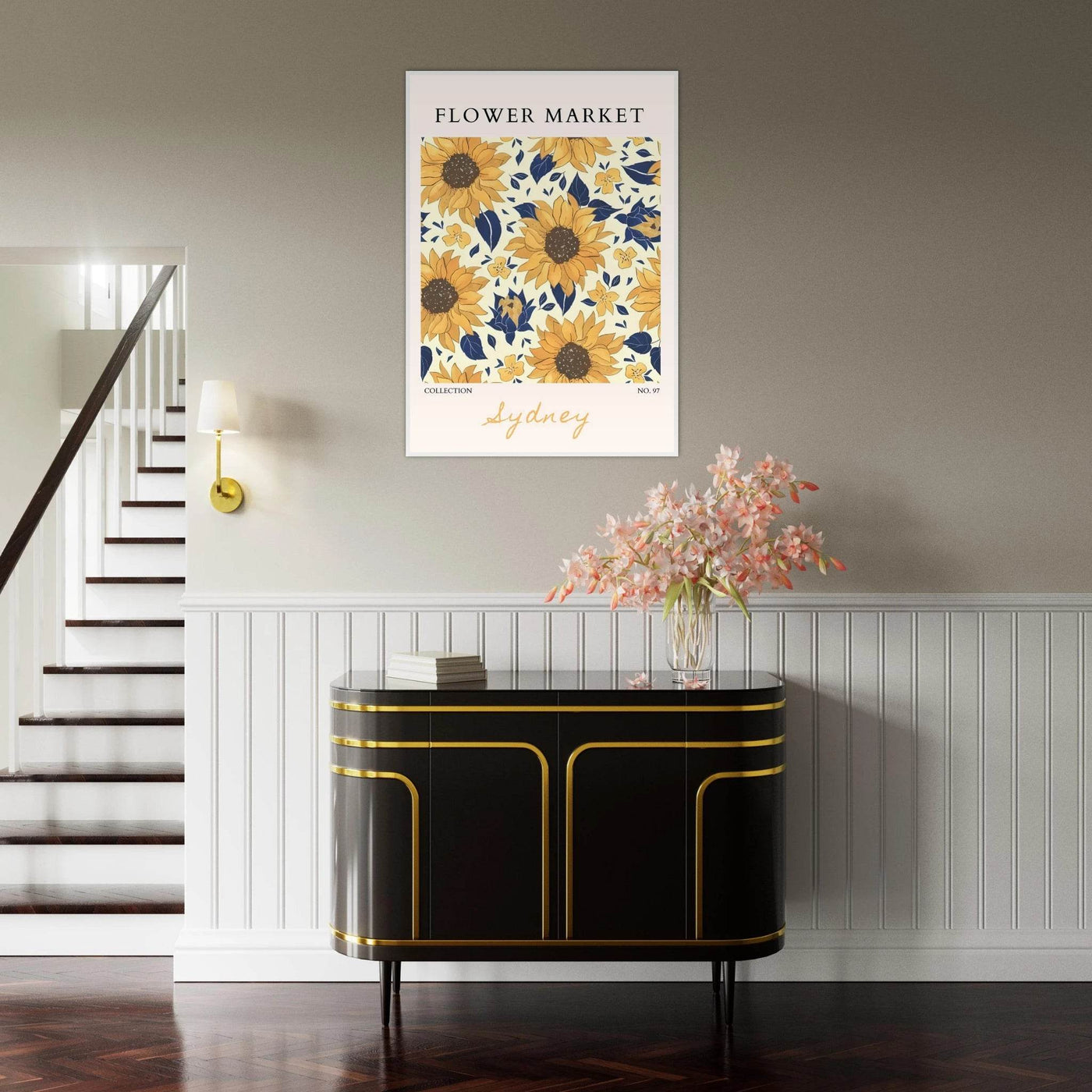 Vibrant Sunflower & Navy Floral Framed Poster – 'Flower Market Sydney' Collection | Ready-to-Hang Wall Art - Vibrantwalls