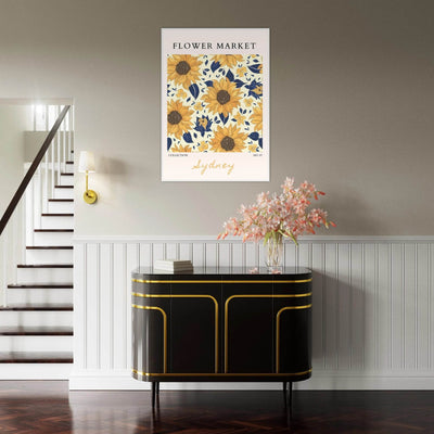 Vibrant Sunflower & Navy Floral Framed Poster – 'Flower Market Sydney' Collection | Ready-to-Hang Wall Art - Vibrantwalls