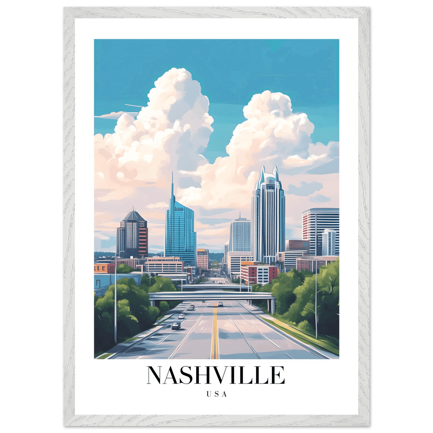 Nashville USA Cityscape Framed Poster – Modern Travel Wall Art with Wooden Frame & Your Choice of Size - Vibrantwalls