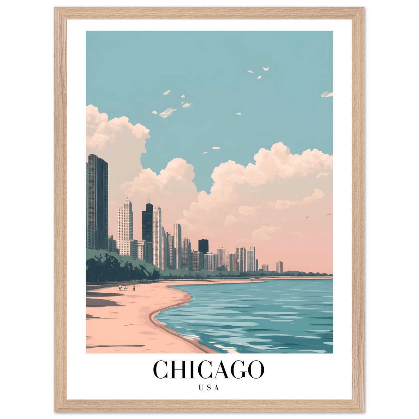 Chicago Lakeside View Framed Poster – Pastel Cityscape Wall Art with Wooden Frame - Vibrantwalls