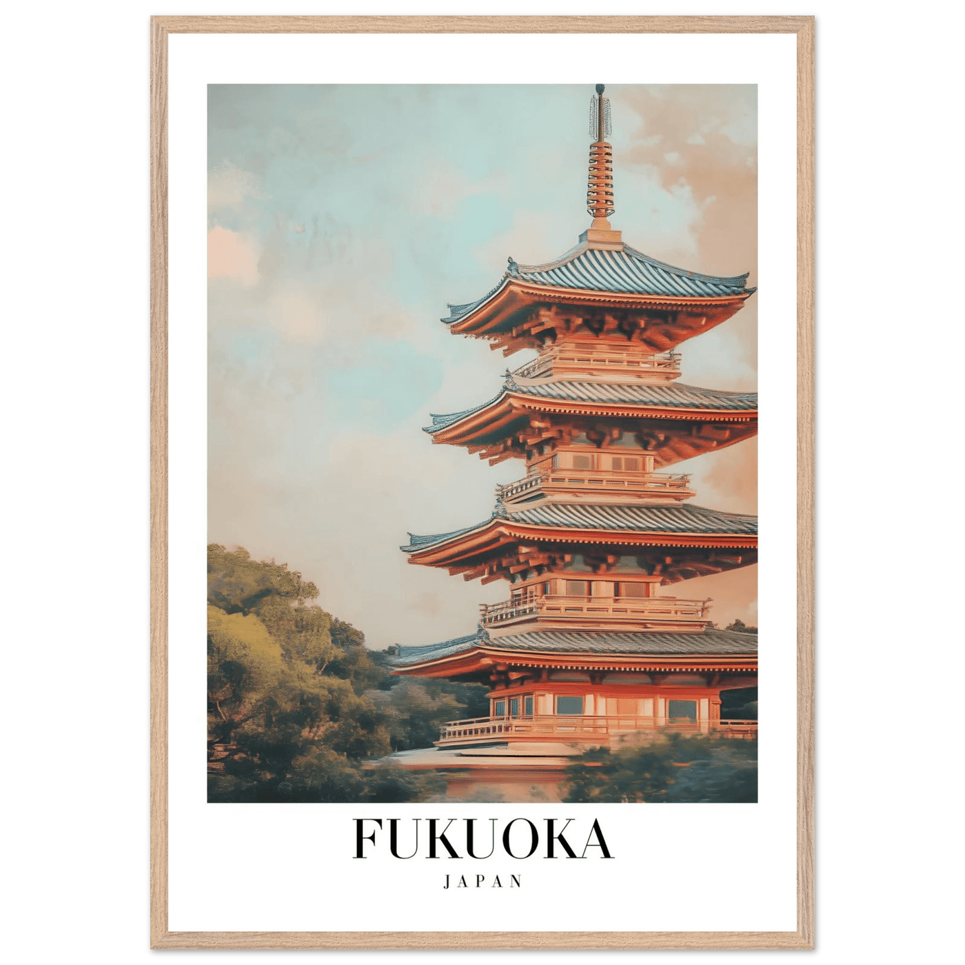 Fukuoka Japan Vintage Pagoda Framed Poster – Serene Travel Wall Art with Wooden Frame - Vibrantwalls