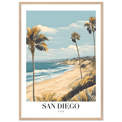 San Diego USA Framed Poster – Vintage Beach Travel Wall Art with Wooden Frame in Your Choice of Size and Finish - Vibrantwalls
