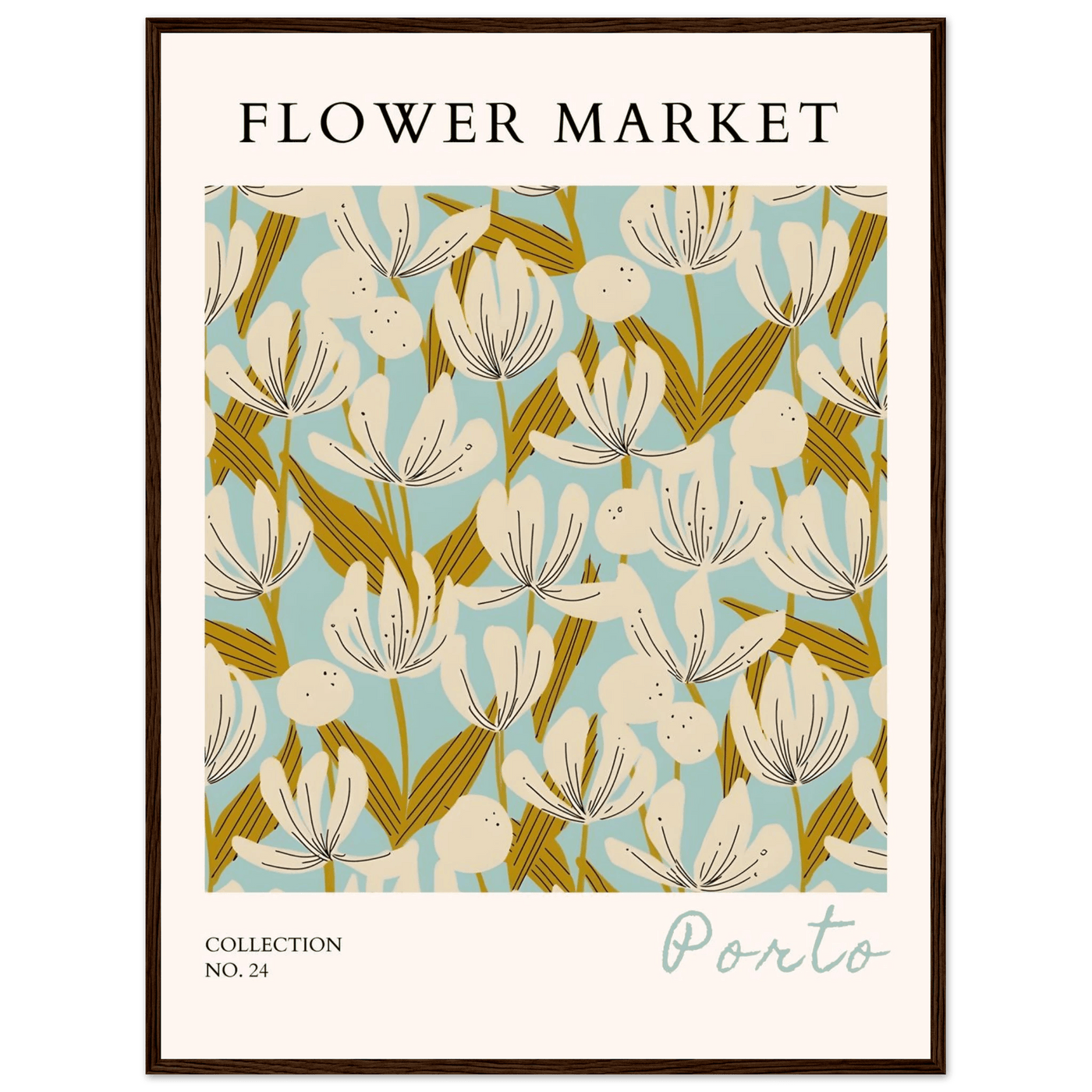 Flower Market Porto Abstract Floral Framed Poster | Calming Blue & Gold Botanical Art Print, Ready-to-Hang - Vibrantwalls