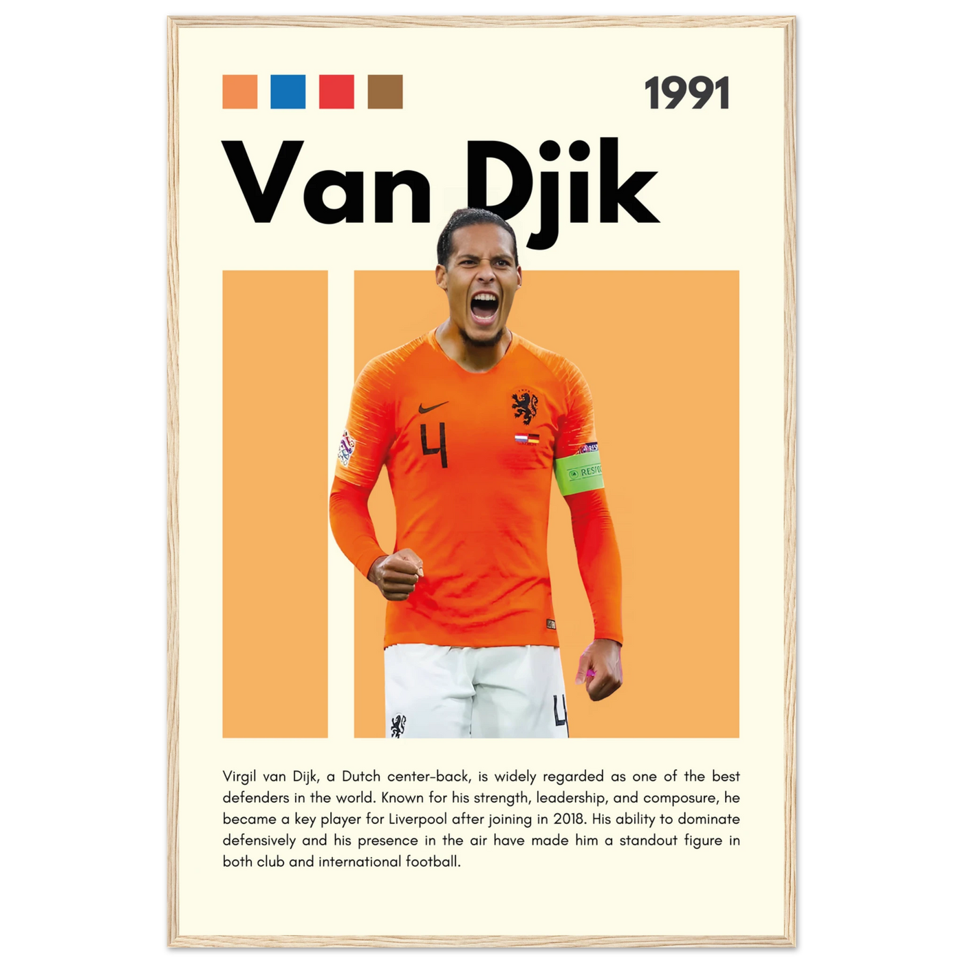 Virgil van Dijk Liverpool/Netherlands Football Framed Poster - Orange & Dynamic Sports Art Print 60x90 cm 24x36″ Wood frame Vibrantwalls