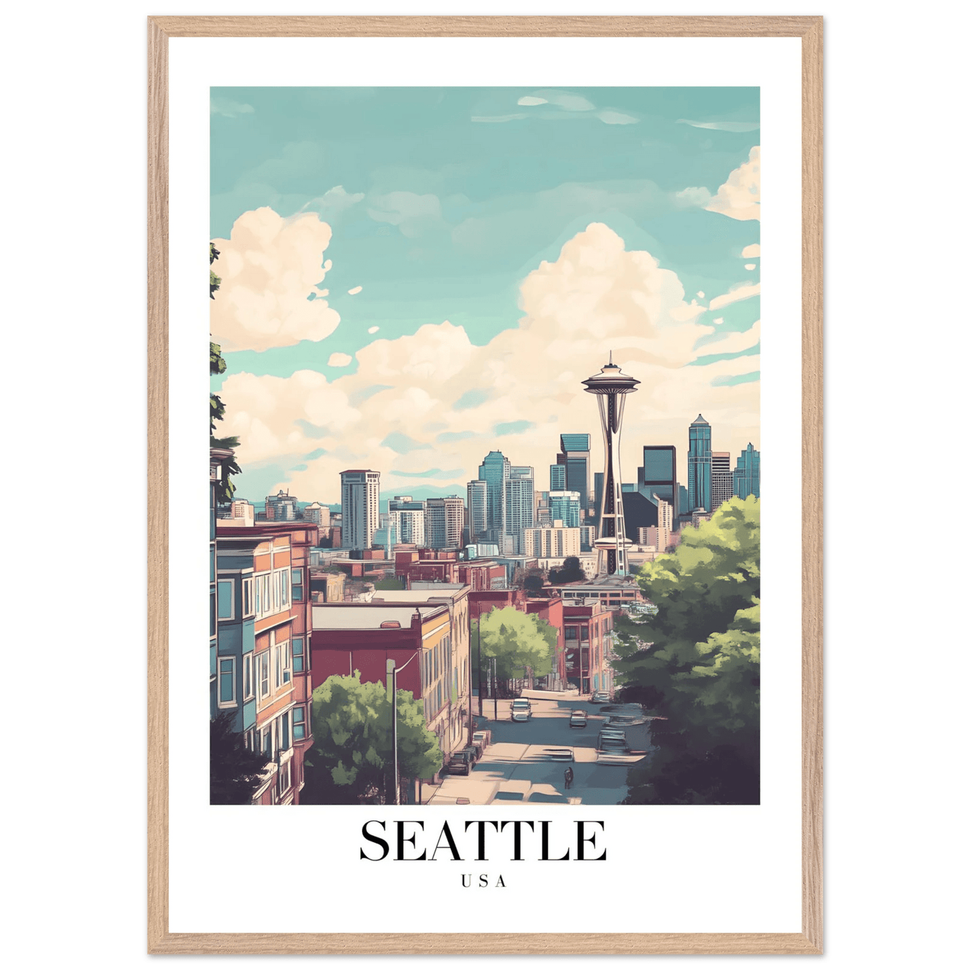 Seattle USA Framed Poster – Charming Watercolor Cityscape Wall Art with Wooden Frame - Vibrantwalls
