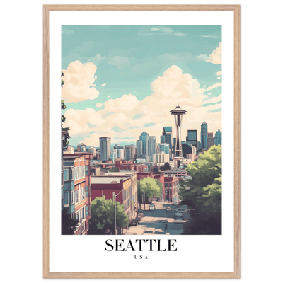 Seattle USA Framed Poster – Charming Watercolor Cityscape Wall Art with Wooden Frame - Vibrantwalls