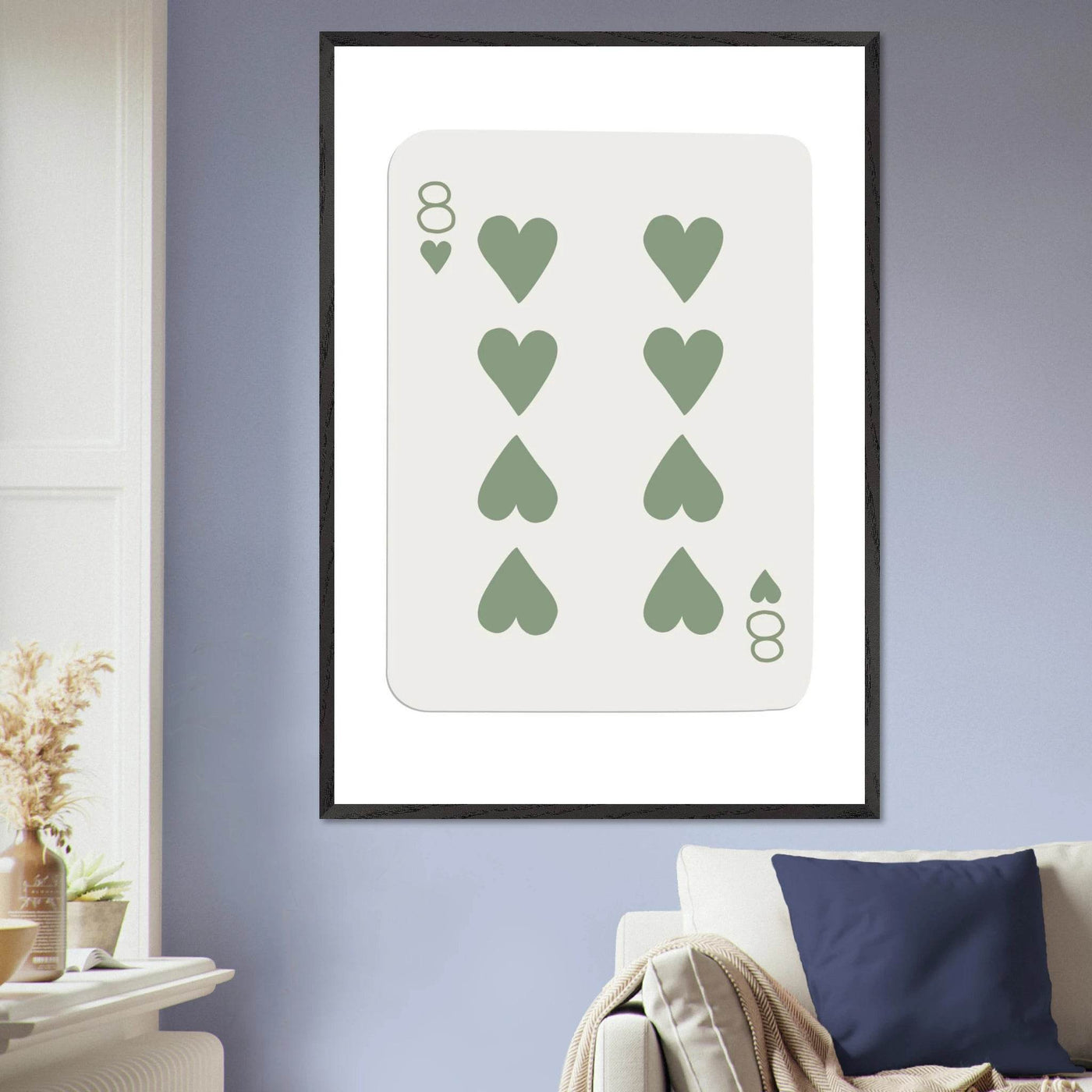 Minimalist Eight of Hearts Poker Card Print - Mounted Framed Poster Art, Eco-Friendly Wood Frame in Sage Green - Vibrantwalls
