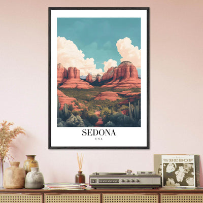 Sedona USA Framed Poster – Iconic Red Rocks Wall Art with Vintage Desert Vibes - Vibrantwalls