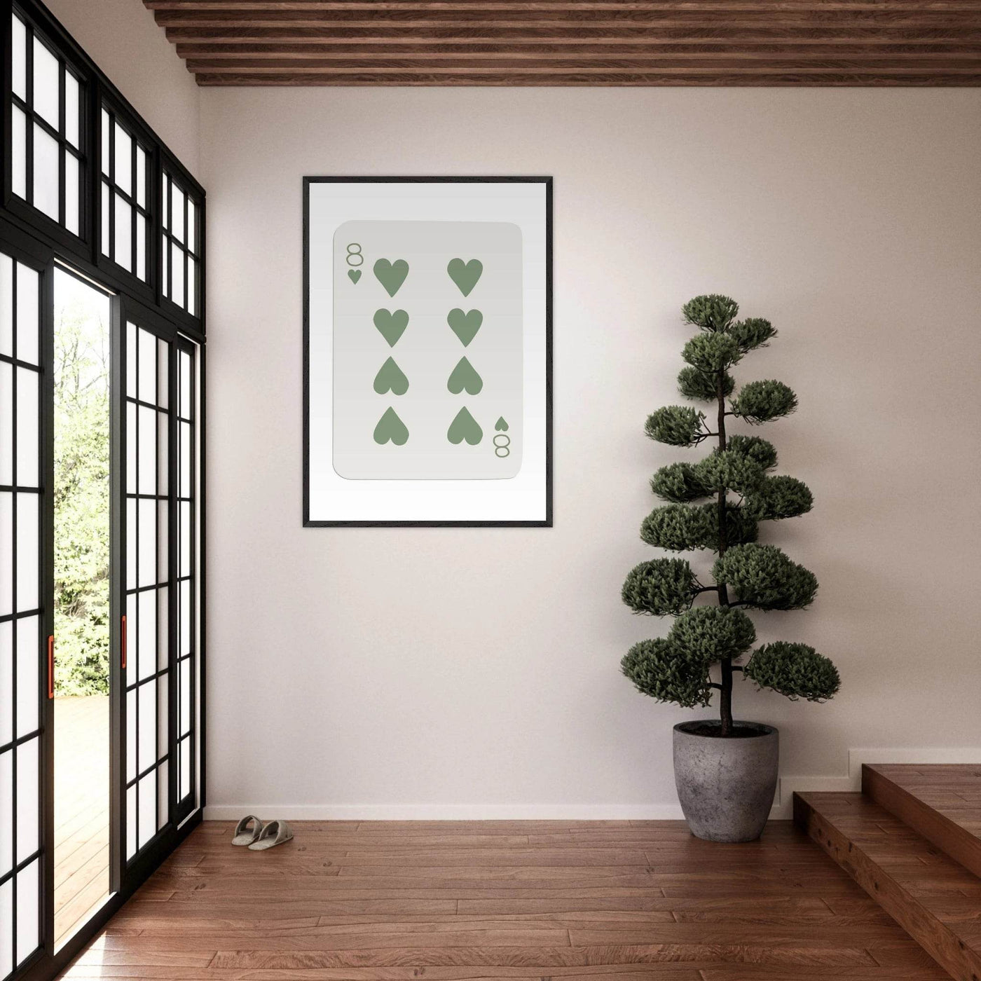 Minimalist Eight of Hearts Poker Card Print - Mounted Framed Poster Art, Eco-Friendly Wood Frame in Sage Green - Vibrantwalls