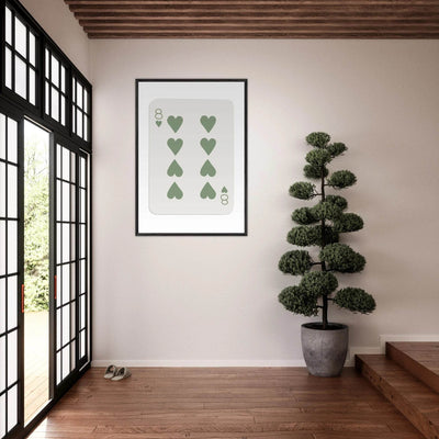 Minimalist Eight of Hearts Poker Card Print - Mounted Framed Poster Art, Eco-Friendly Wood Frame in Sage Green - Vibrantwalls