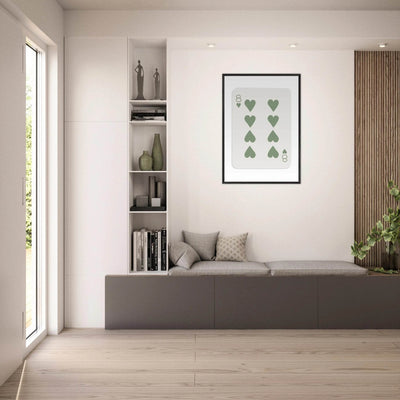 Minimalist Eight of Hearts Poker Card Print - Mounted Framed Poster Art, Eco-Friendly Wood Frame in Sage Green - Vibrantwalls