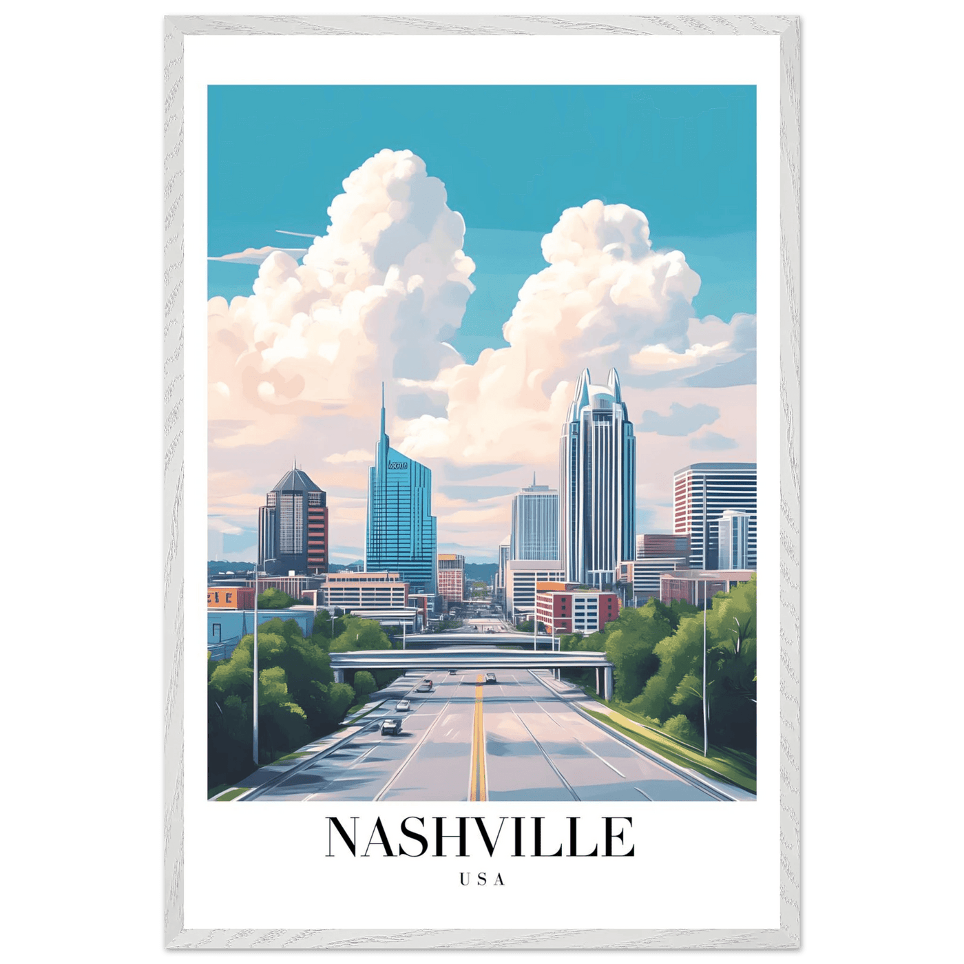 Nashville USA Cityscape Framed Poster – Modern Travel Wall Art with Wooden Frame & Your Choice of Size - Vibrantwalls