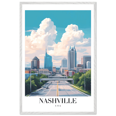 Nashville USA Cityscape Framed Poster – Modern Travel Wall Art with Wooden Frame & Your Choice of Size - Vibrantwalls