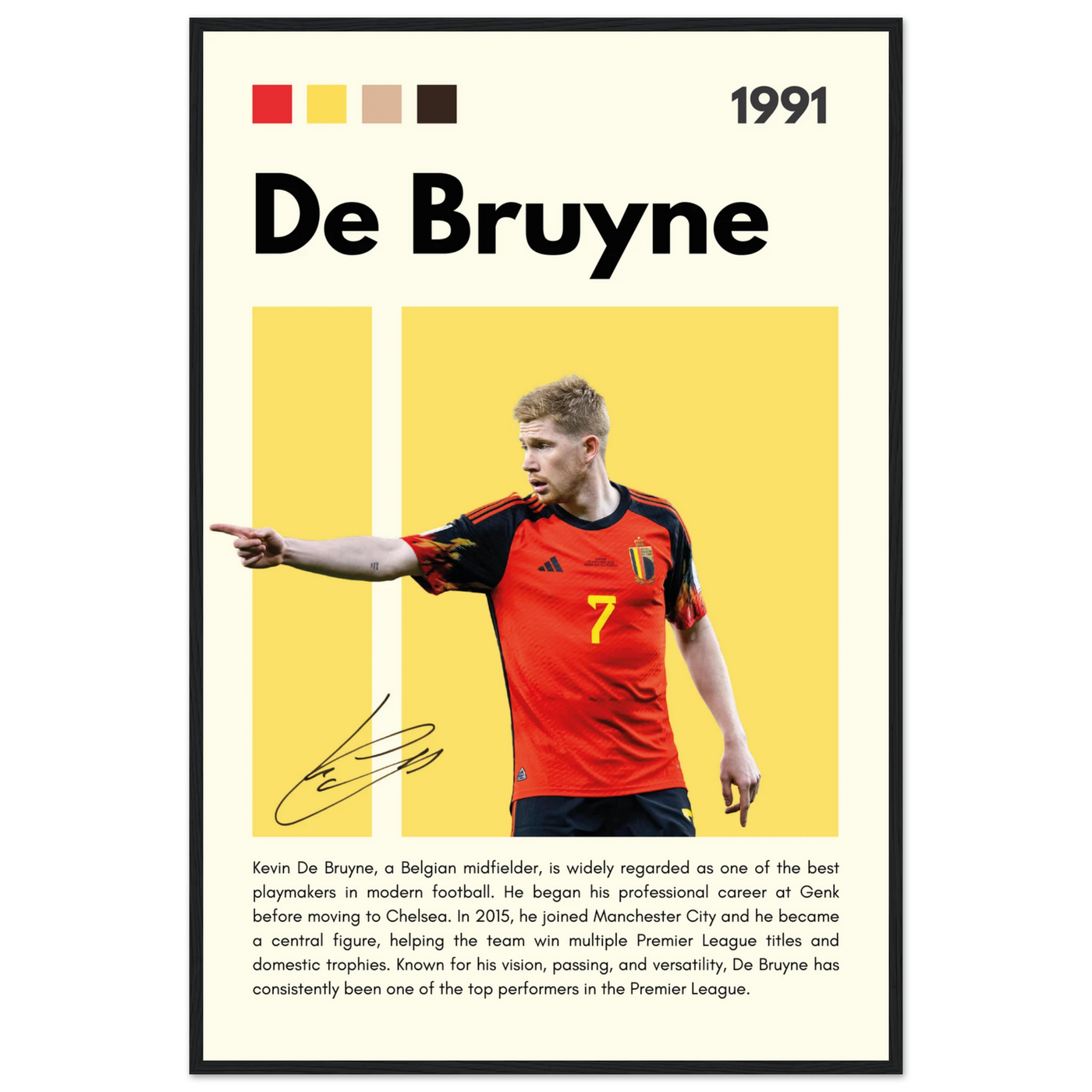 Kevin De Bruyne Football Legend Framed Poster – Vibrant Pop Art Print for Modern Fans 60x90 cm 24x36″ Black frame Vibrantwalls