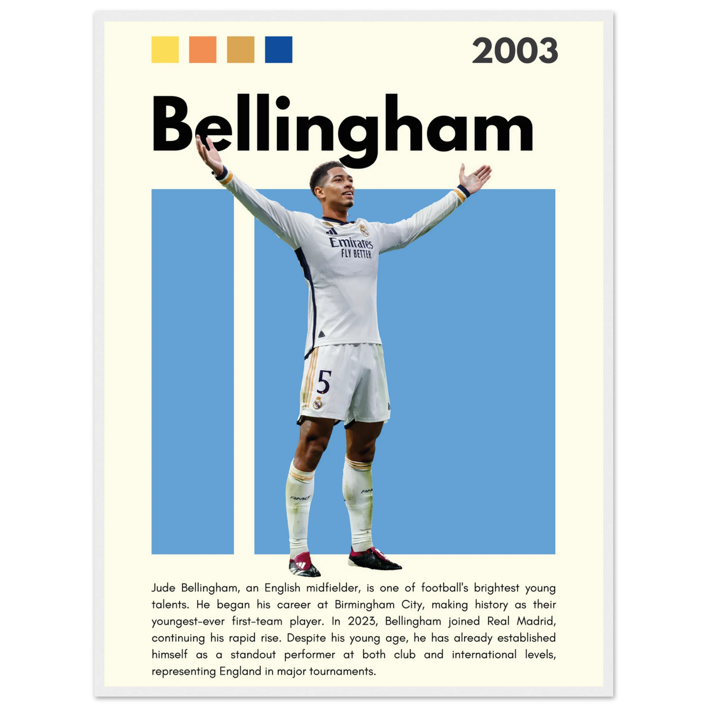 Jude Bellingham Real Madrid Football Poster – Modern Pop Art Print in Your Choice of Frame 60x80 cm 24x32″ White frame Vibrantwalls