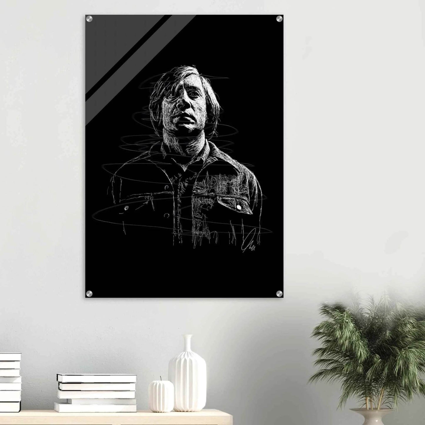 Javier Bardem in No Country for Old Men – Iconic Scrawl Art Acrylic Print - Vibrantwalls