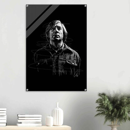 Javier Bardem in No Country for Old Men – Iconic Scrawl Art Acrylic Print - Vibrantwalls