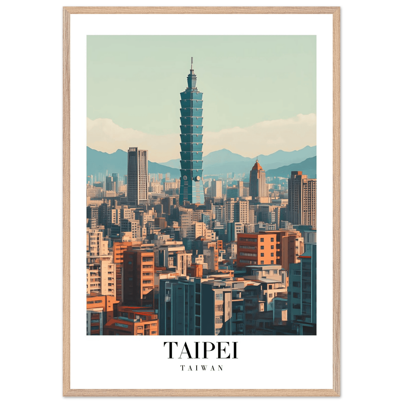 Taipei Taiwan Cityscape Framed Poster – Modern Retro Travel Art with Wooden Frame Options - Vibrantwalls