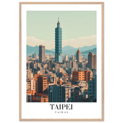 Taipei Taiwan Cityscape Framed Poster – Modern Retro Travel Art with Wooden Frame Options - Vibrantwalls