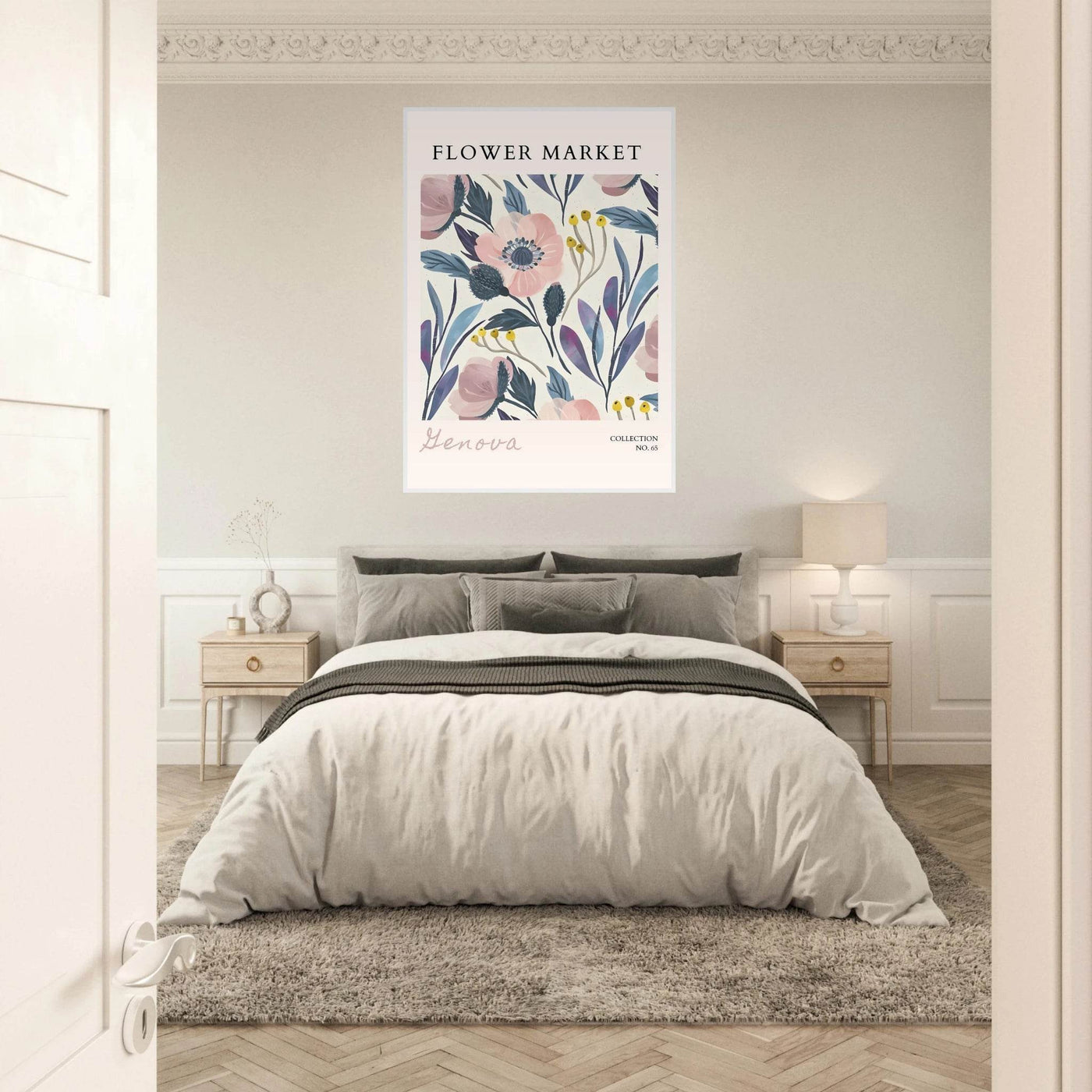 Flower Market 'Genova' Framed Poster – Blush & Indigo Floral Art Print | Ready-to-Hang Botanical Decor - Vibrantwalls