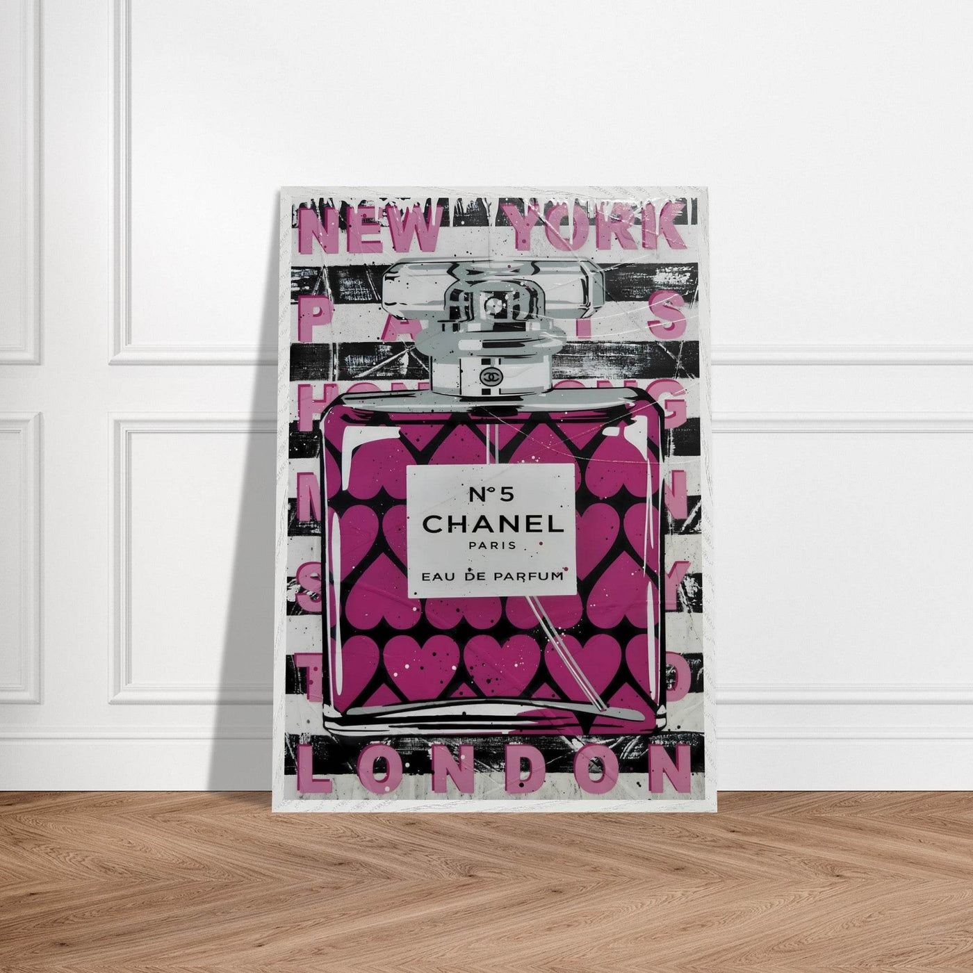 Chanel No. 5 Pink Hearts Pop Art Print in Premium Mounted Frame - Vibrantwalls