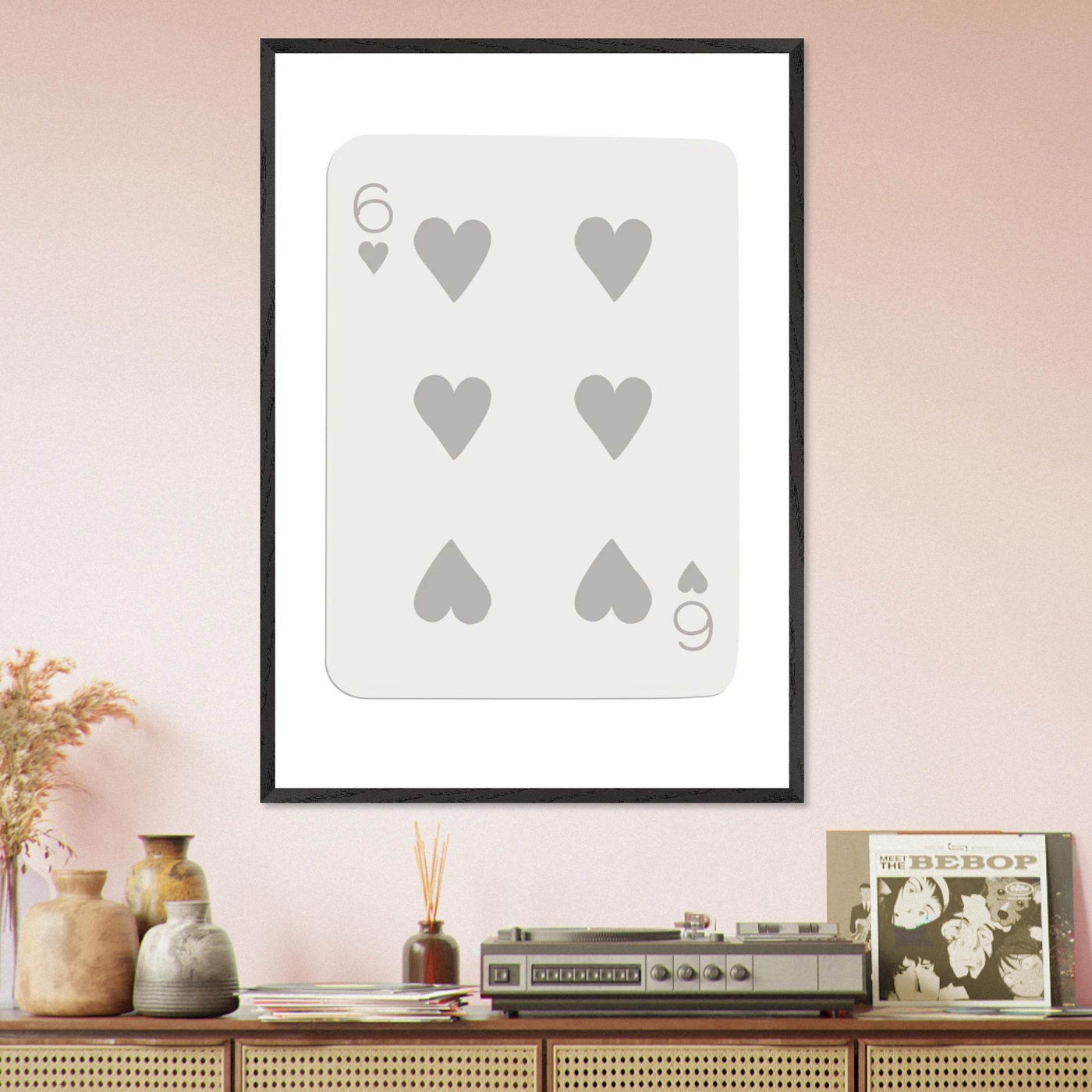 Minimalist Six of Hearts Card Print - Framed Poster Art with Eco-Friendly Wood Frame - Perfect for Modern Decor - Vibrantwalls