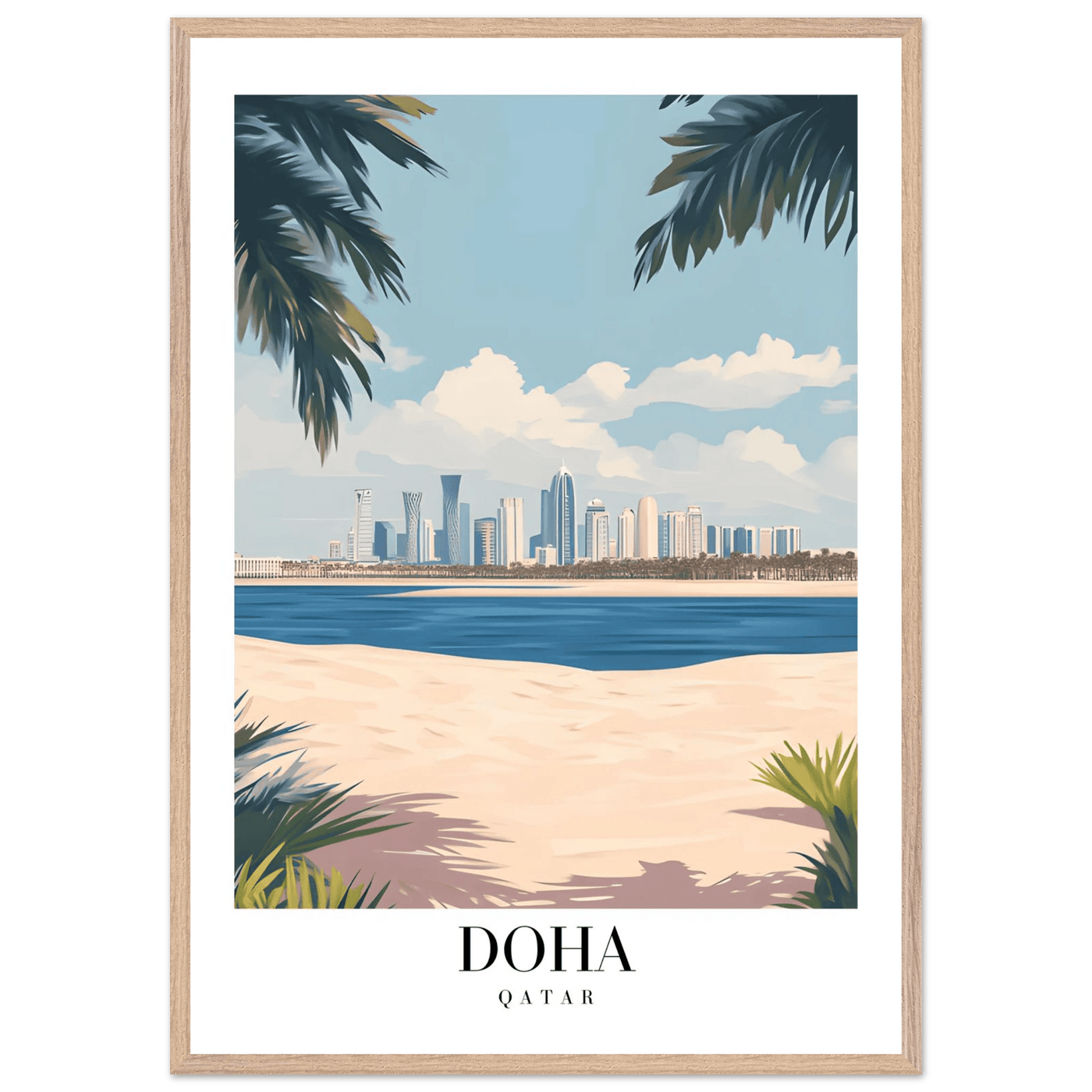 Doha Qatar Skyline Framed Poster – Modern Travel Wall Art with Palm Beach Vibes - Vibrantwalls