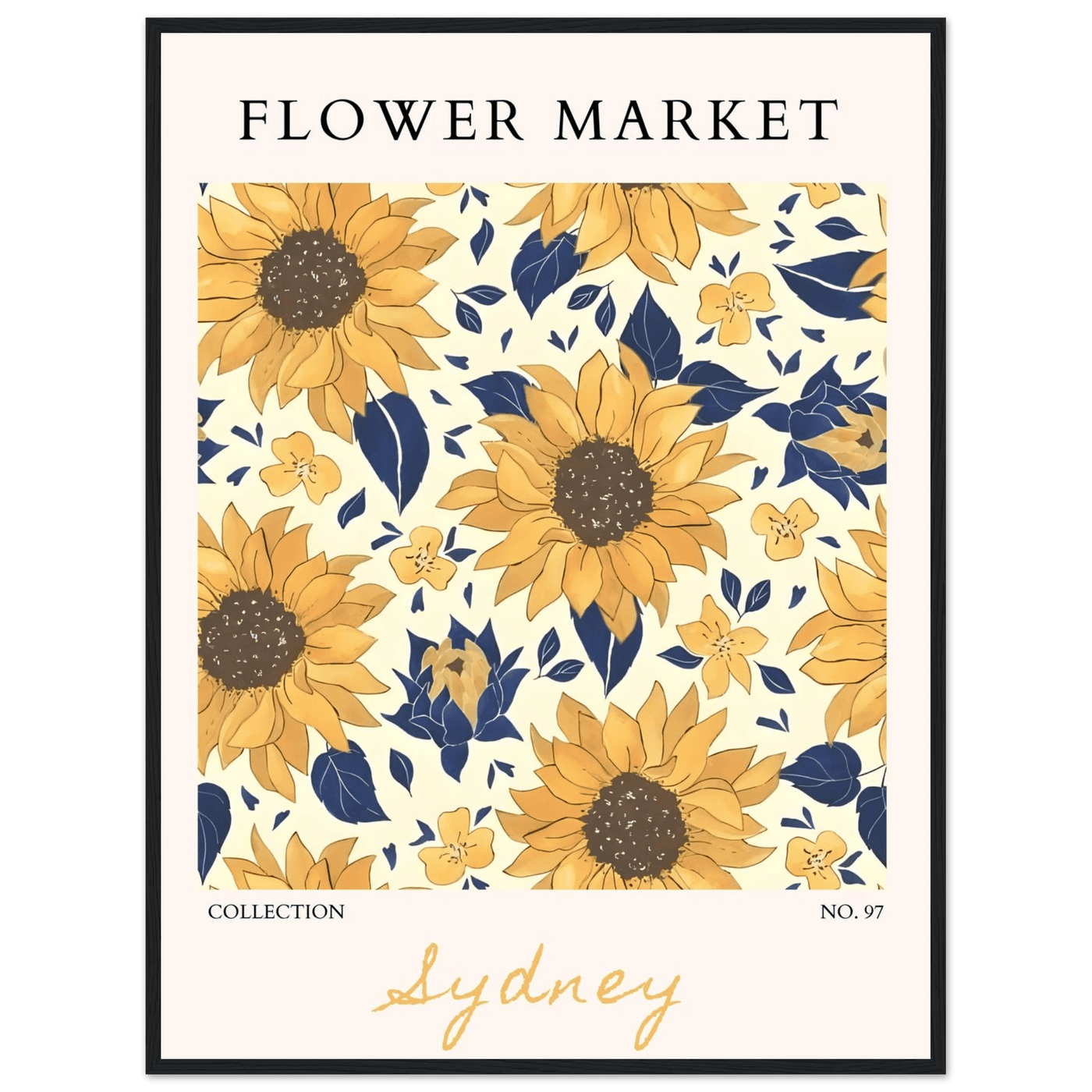 Vibrant Sunflower & Navy Floral Framed Poster – 'Flower Market Sydney' Collection | Ready-to-Hang Wall Art - Vibrantwalls